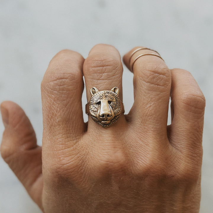 Hand Wearing a Bear Head Ring in Bronze