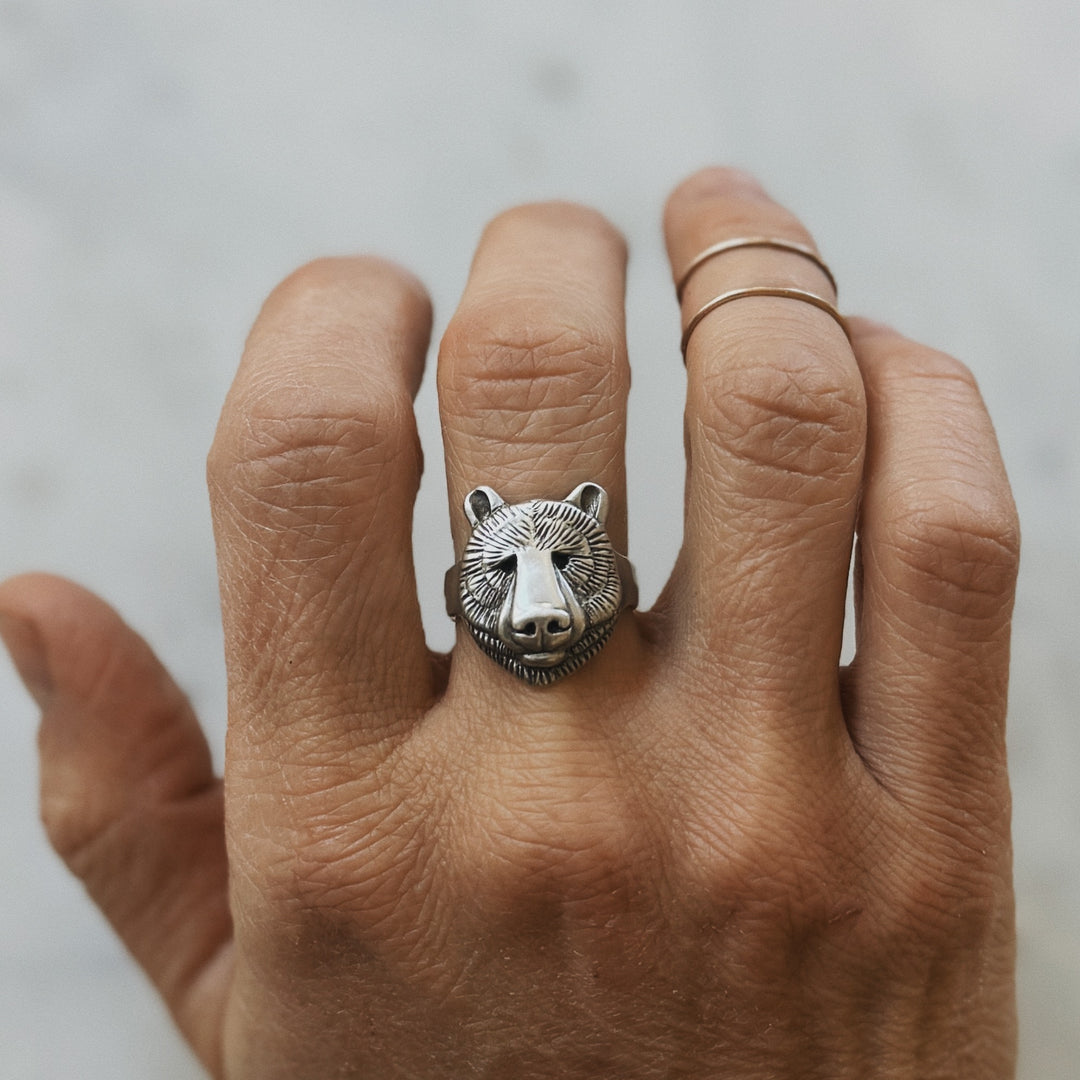 Hand Wearing a Bear Head Ring in Sterling Silver
