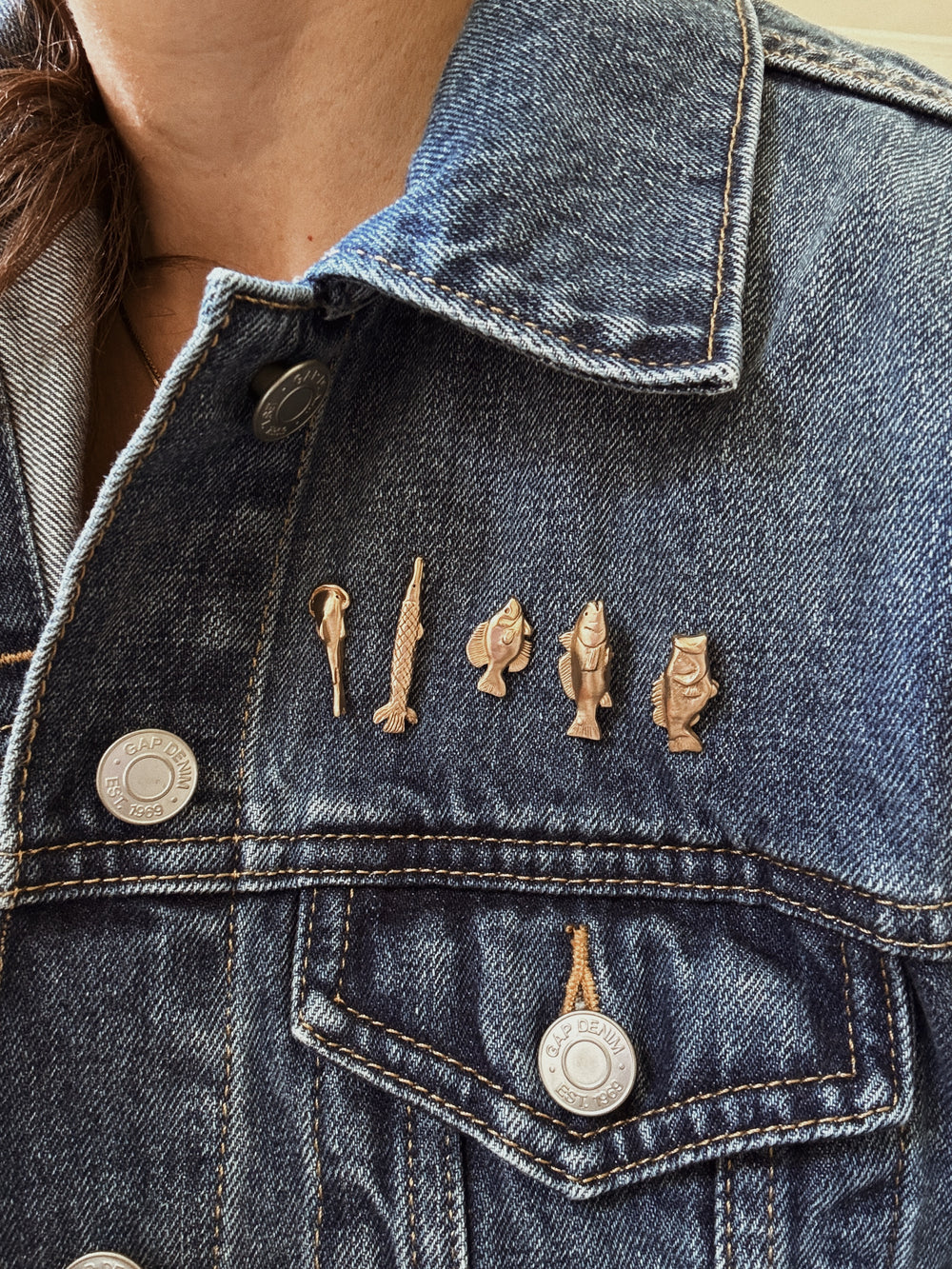 Person Wears the MIMOSA Handcrafted Fish Pin