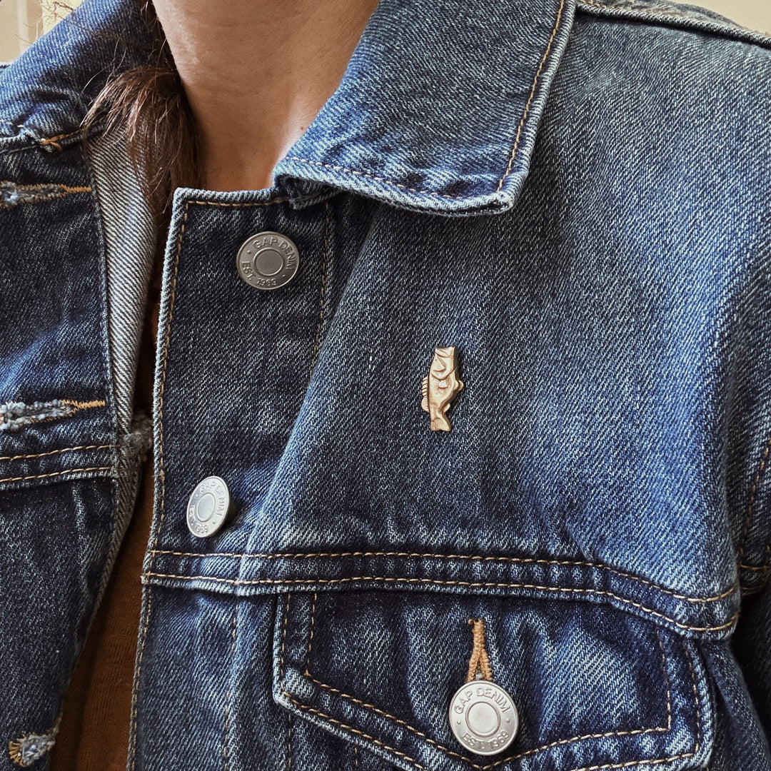 Person Wears the MIMOSA Handcrafted Largemouth Bass Fish Pin