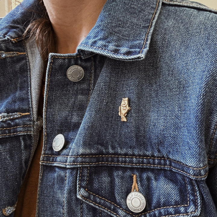 Person Wears the MIMOSA Handcrafted Largemouth Bass Fish Pin