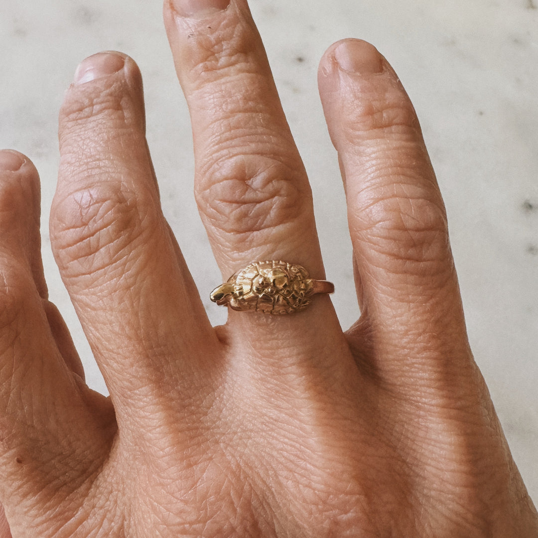 Hand wearing a Mom and Baby Turtle Ring from MIMOSA Handcrafted in bronze