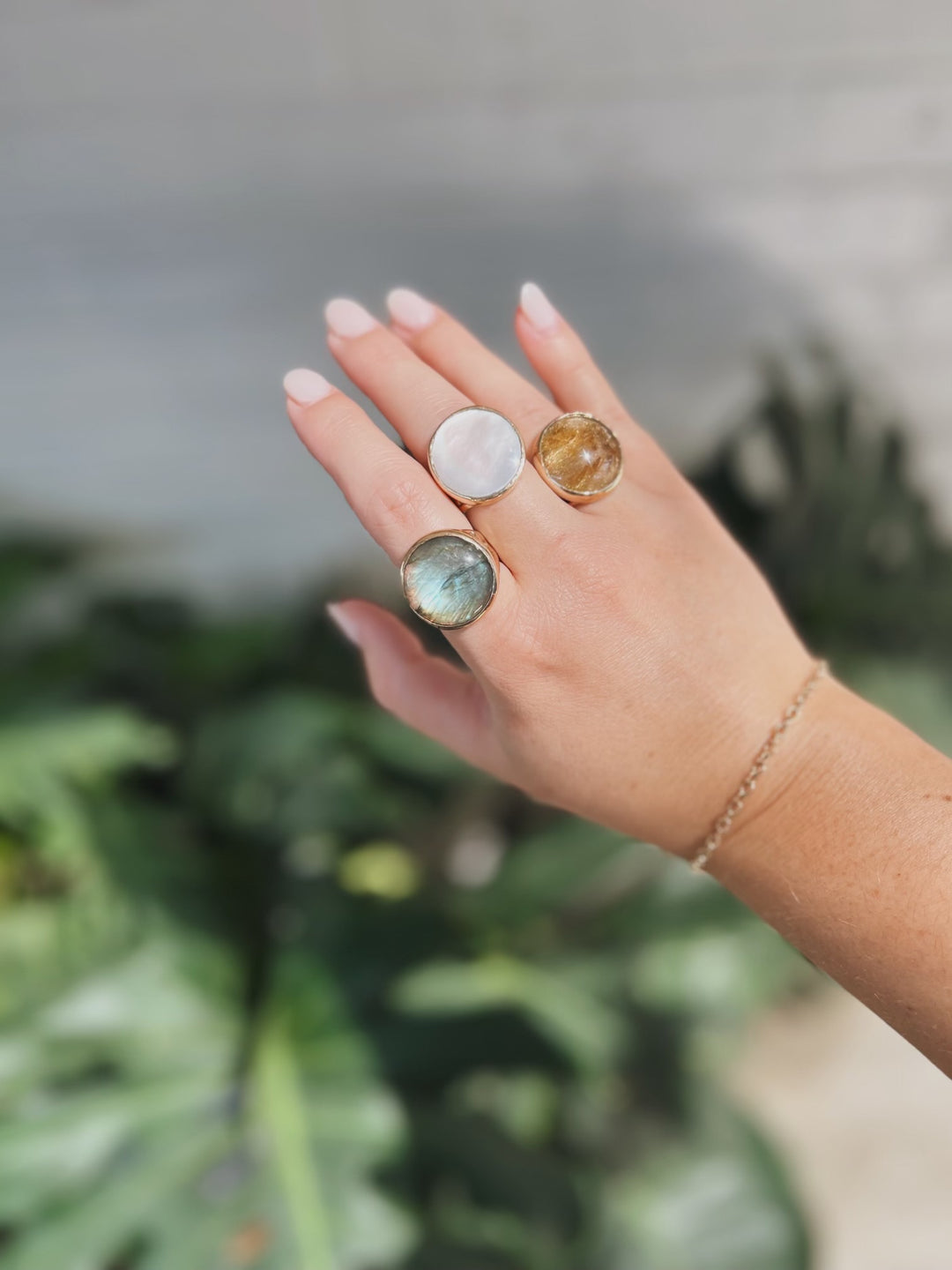 MIMOSA Handcrafted Mother Tree Rings with (from left to right) Labradorite, Mother of Pearl, and Rutilated Quartz Stones