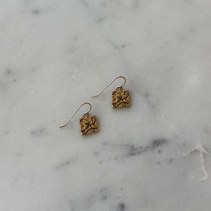 Handmade quilt square earrings in bronze by MIMOSA Handcrafted