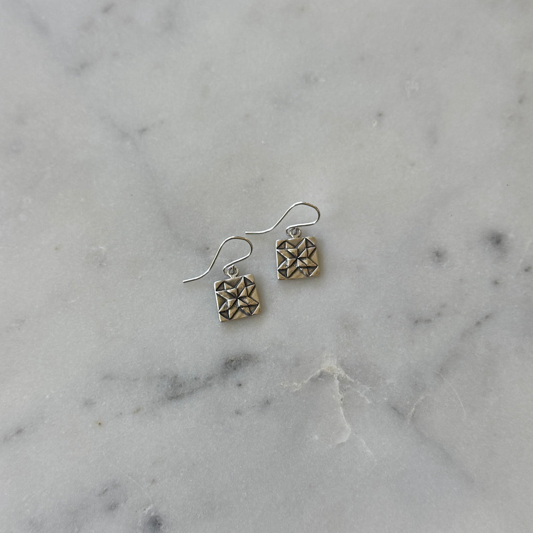 Handmade quilt square earrings in sterling silver by MIMOSA Handcrafted