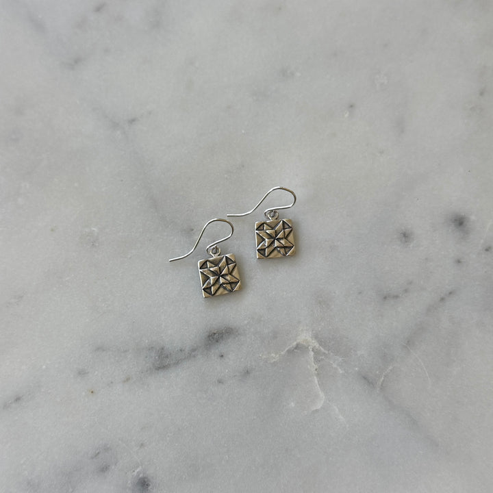 Handmade quilt square earrings in sterling silver by MIMOSA Handcrafted