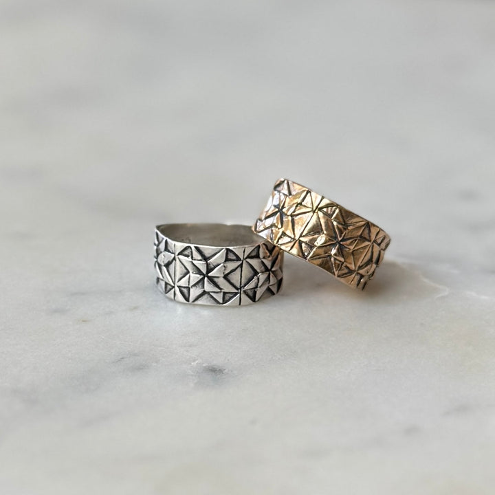 Handmade quilt square ring in bronze and sterling silver by MIMOSA Handcrafted