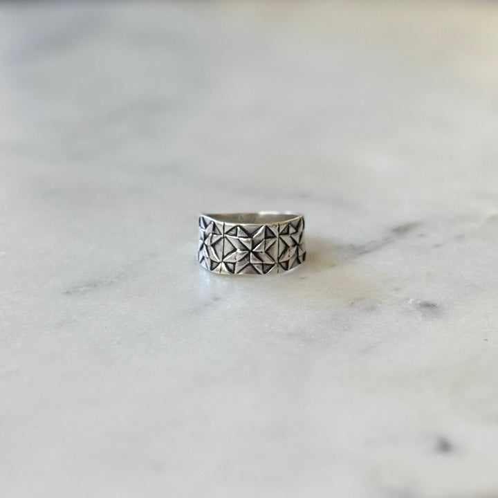 Handmade quilt square ring in bronze and sterling silver by MIMOSA Handcrafted