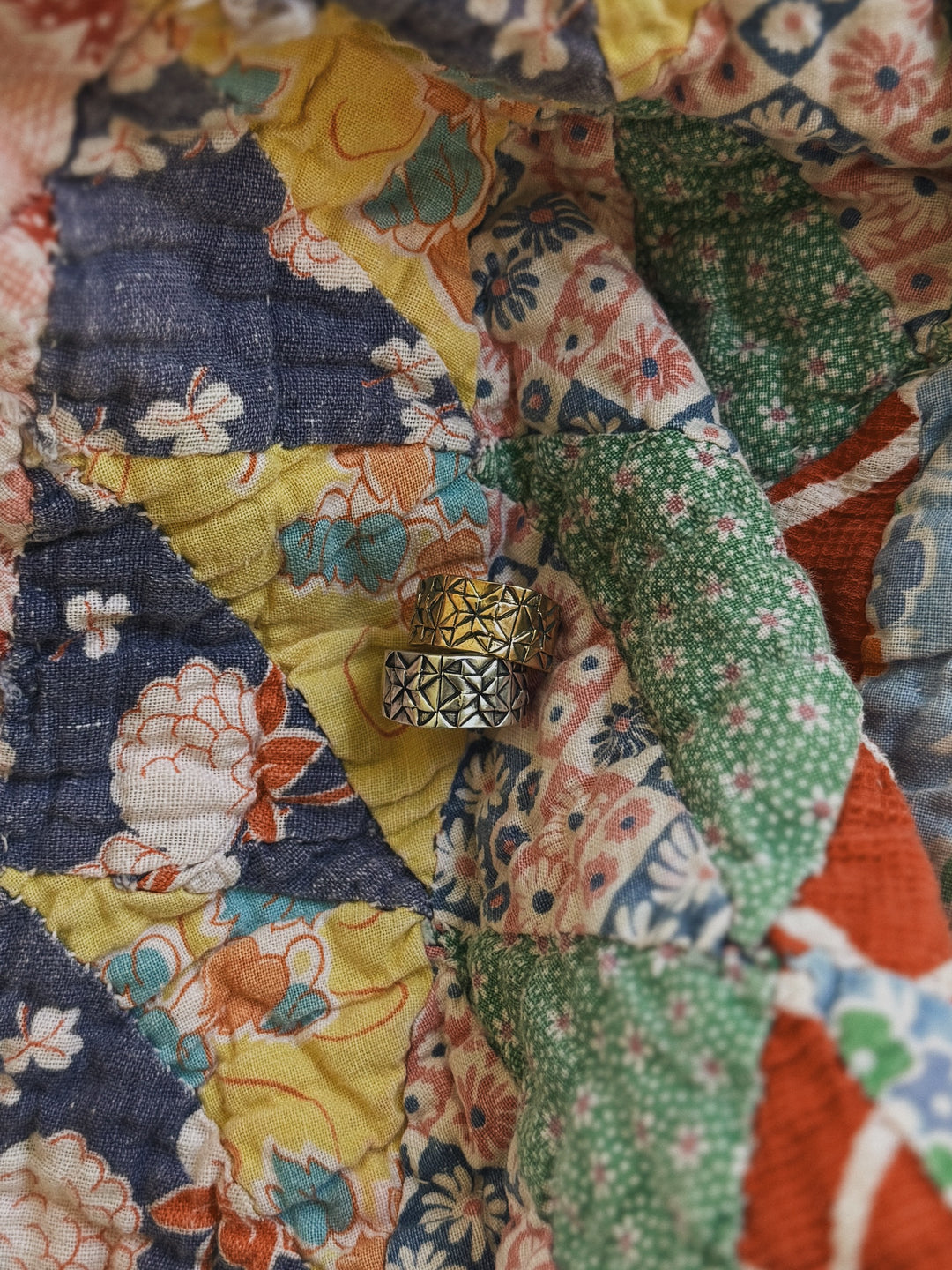 Handmade quilt square rings in bronze and sterling silver