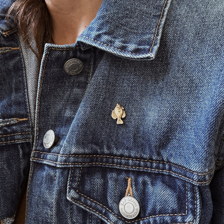 Person Wears the MIMOSA Handcrafted Sac-A-Lait Fish Pin