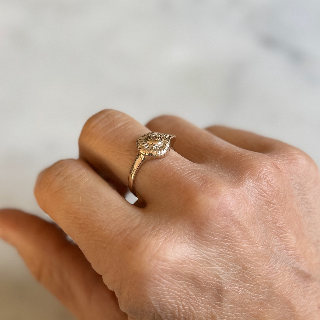 Person Wears Bronze Snail Shell Ring on Middle Finger