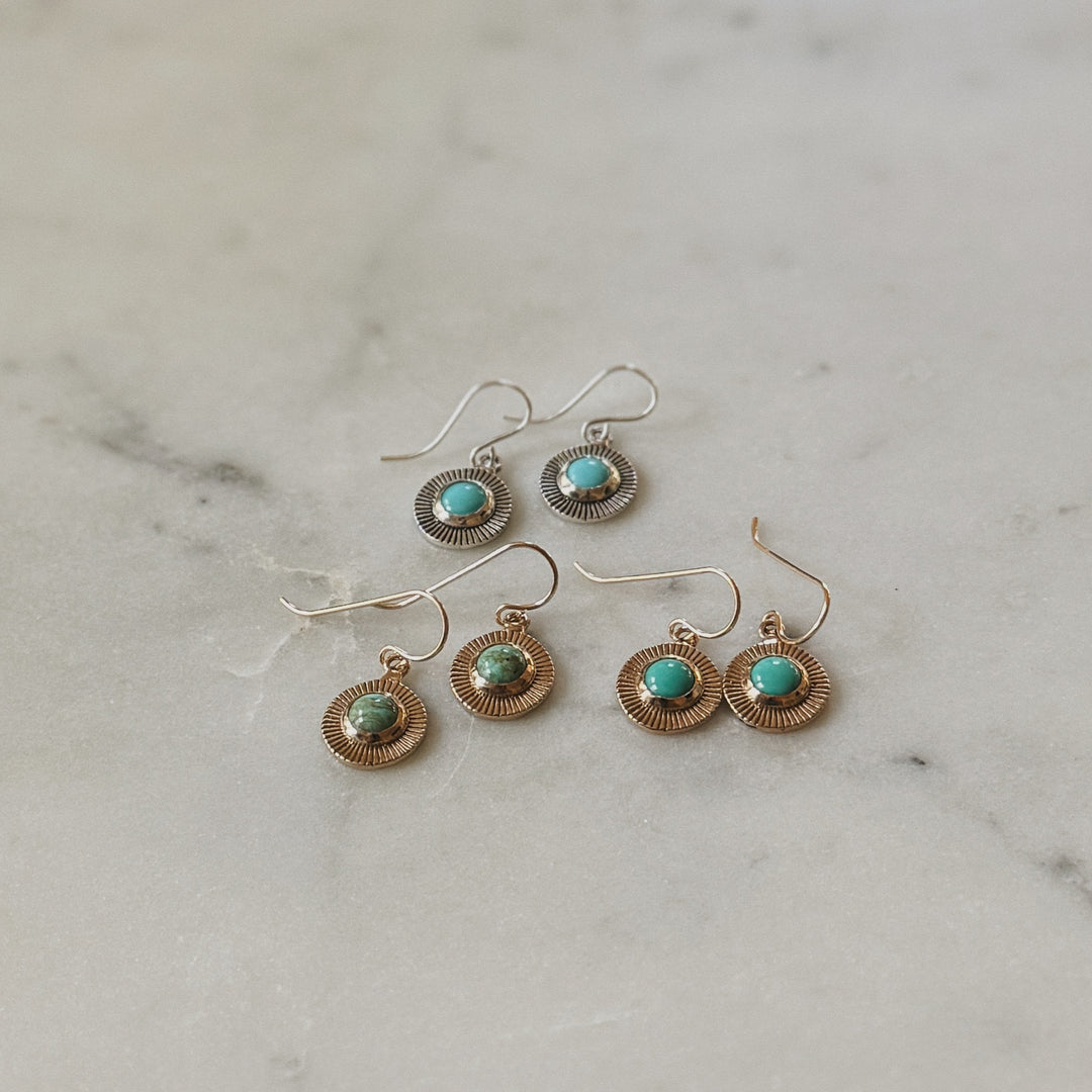 Bronze and Sterling Silver Sunburst Earrings with Turquoise | MIMOSA Handcrafted