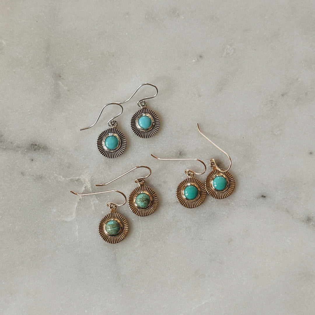 Bronze and Sterling Silver Sunburst Earrings with Turquoise | MIMOSA Handcrafted