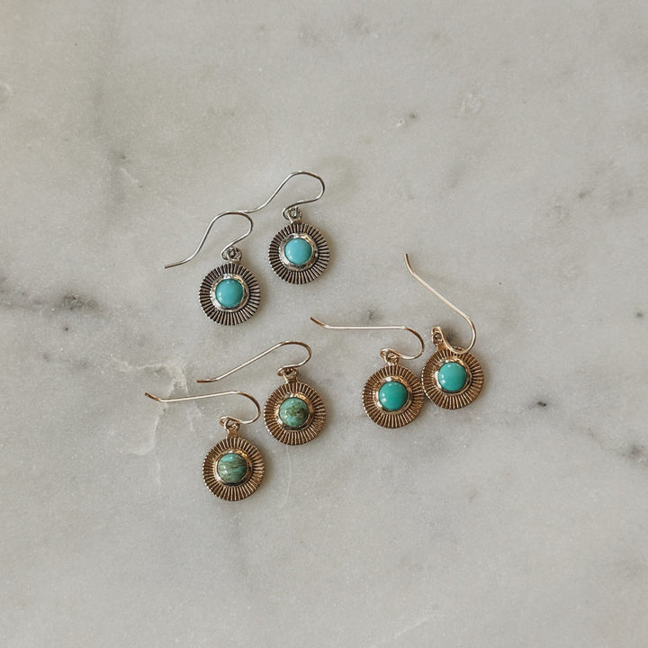 Bronze and Sterling Silver Sunburst Earrings with Turquoise | MIMOSA Handcrafted