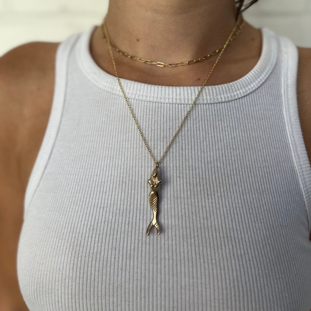 Woman Wearing Handcrafted Mermaid Pendant Necklace