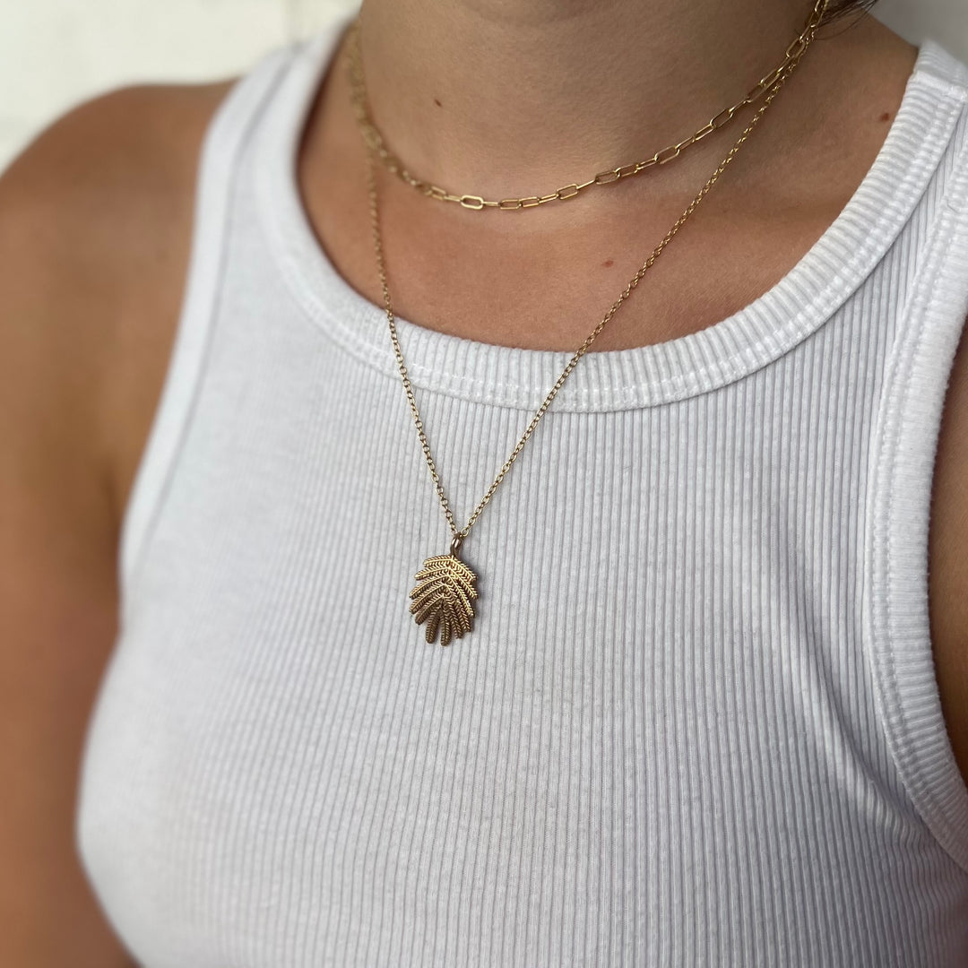 Woman Wearing Handcrafted Mimosa Leaf Pendant Necklace