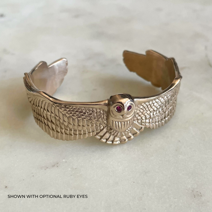 MIMOSA Handcrafted Bronze Owl Cuff with Ruby Gemstone Eyes