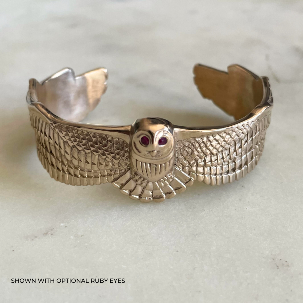 MIMOSA Handcrafted Bronze Owl Cuff with Ruby Gemstone Eyes