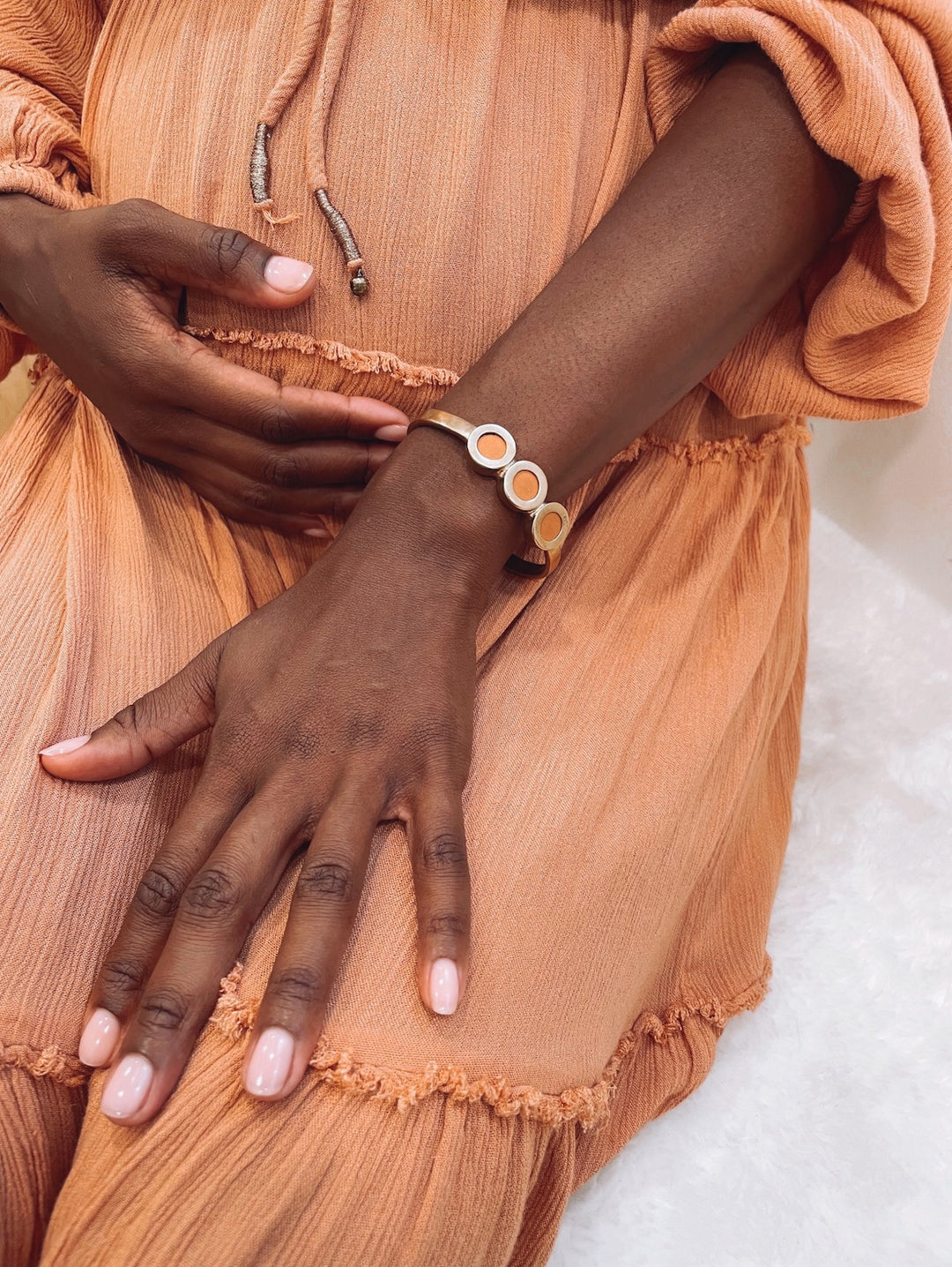 Woman Wears a MIMOSA Handcrafted Essential Oil Bracelet