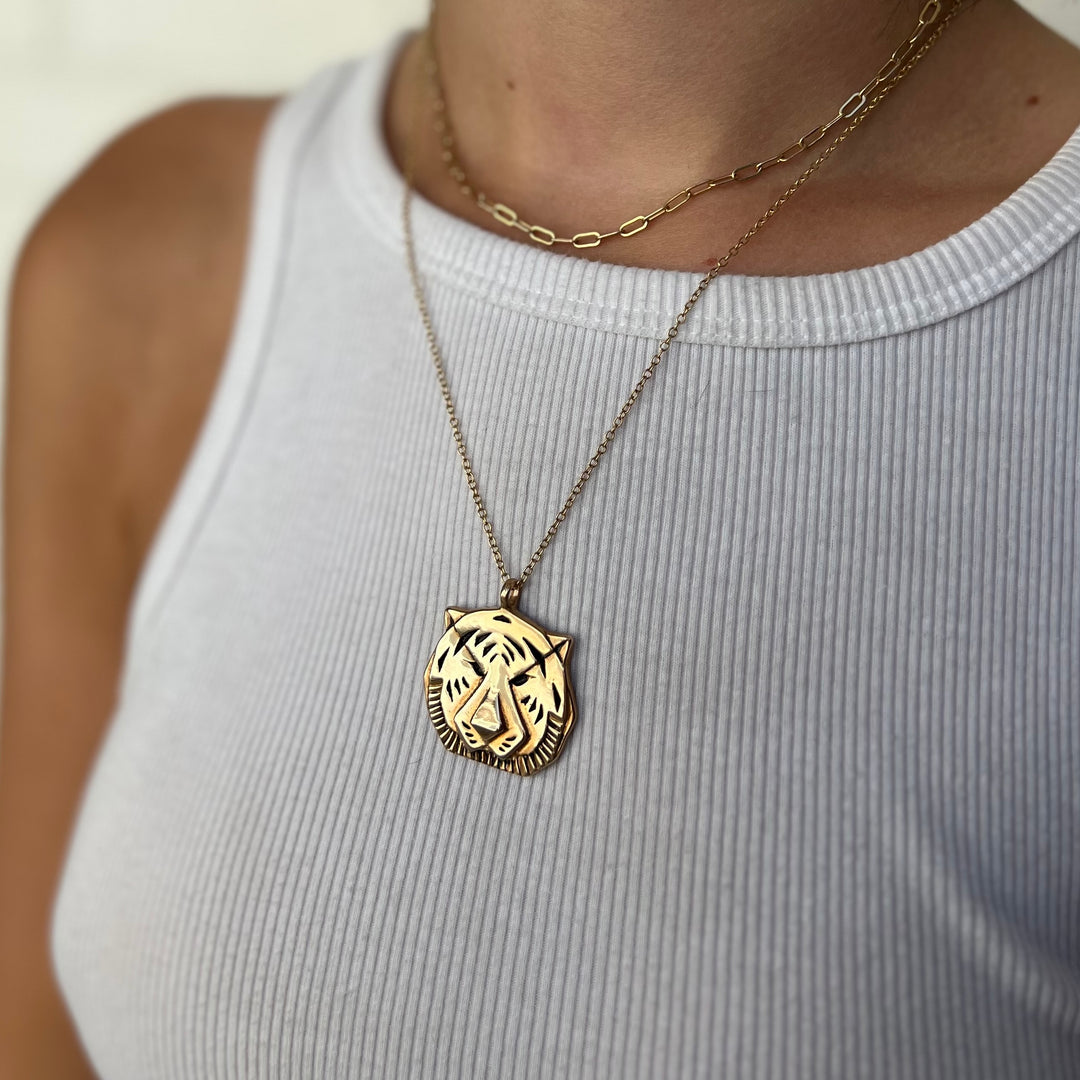 Woman Wearing Handmade Tiger Pendant Necklace