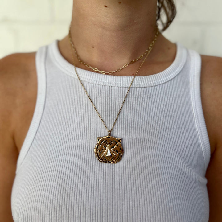 Woman Wearing Handcrafted Bronze Tiger Head Pendant Necklace