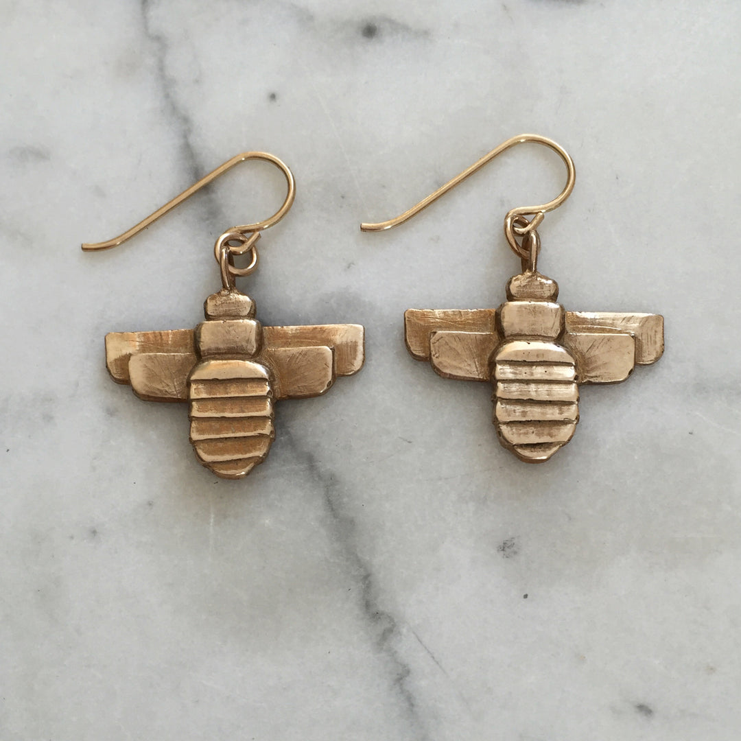 Handmade Bronze Bumble Bee Earrings on Gold-Filled Ear Wires