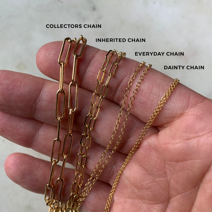 Hand holding different types of chains from largest to smallest.