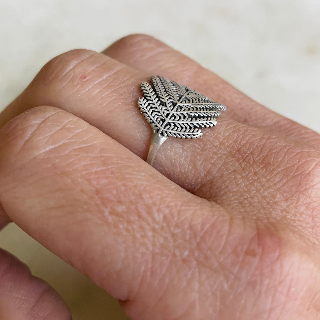Woman Wearing Handmade Silver Mimosa Leaf Ring