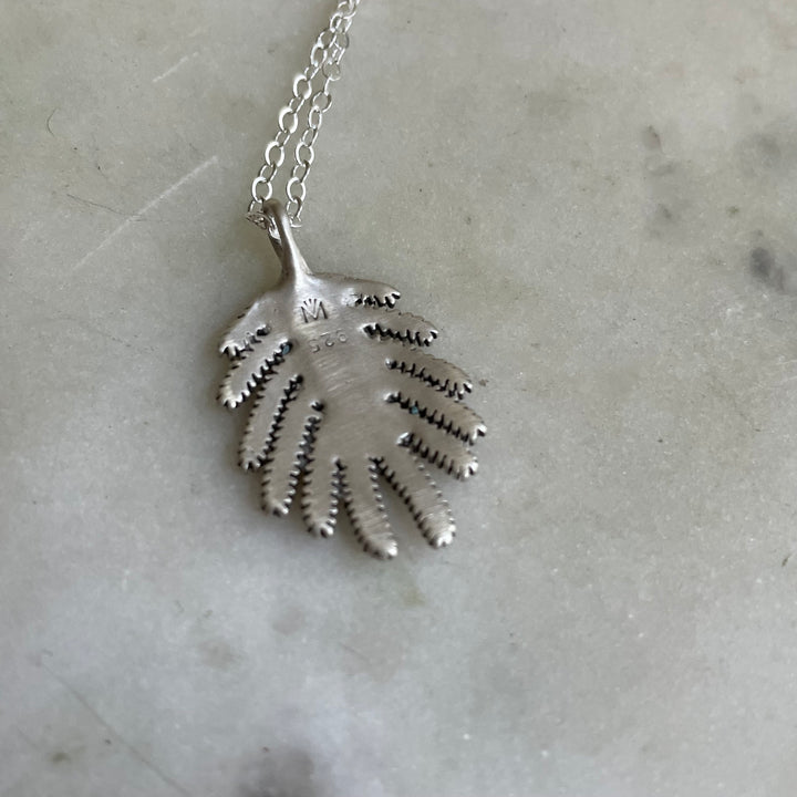 Back of Handmade Silver Small Mimosa Leaf Pendant Necklace
