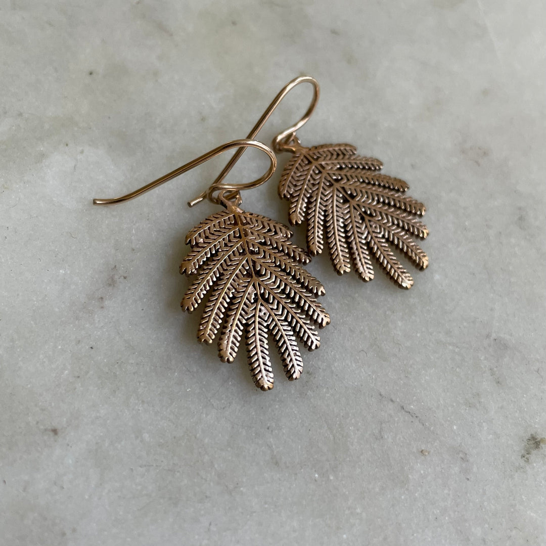 Handmade Bronze Small Mimosa Leaf Earrings on Gold-Filled Ear Wires
