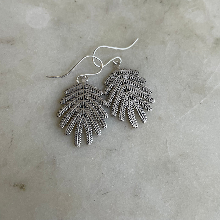 Handmade Silver Small Mimosa Leaf Earrings on Silver Ear Wires
