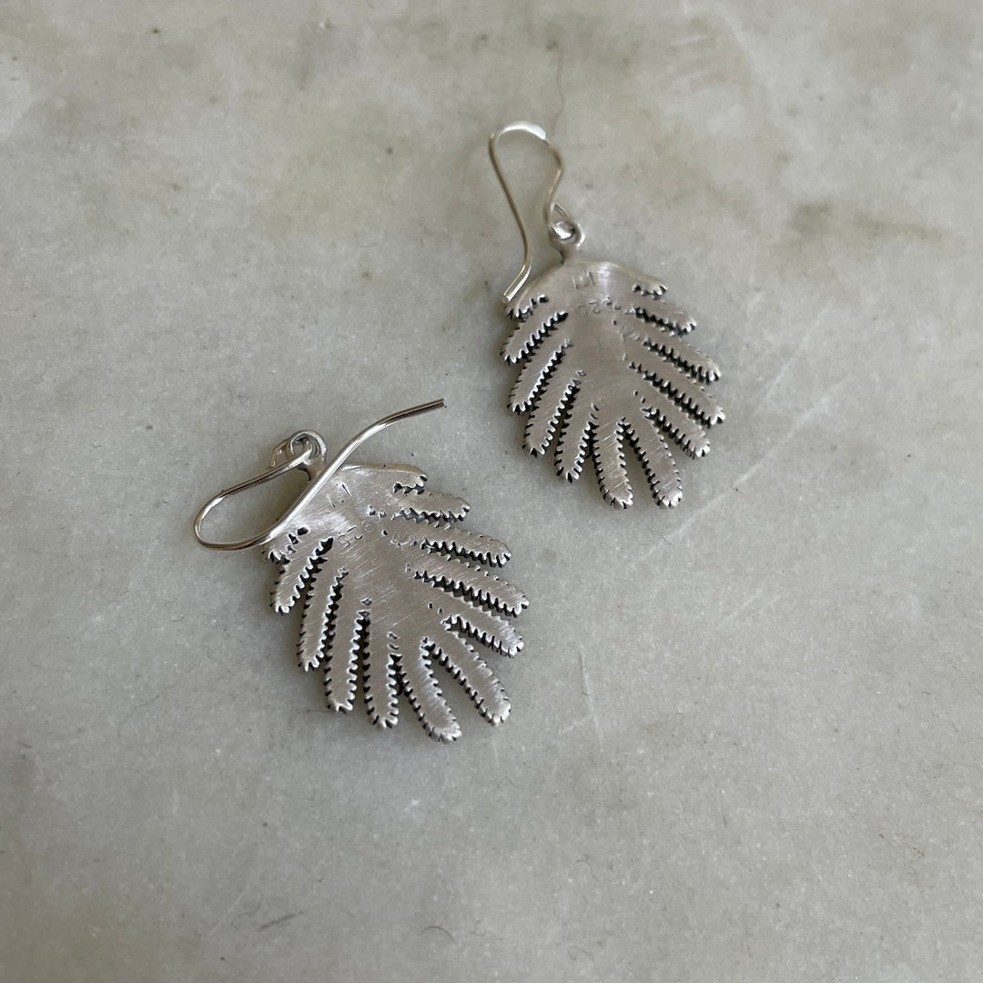 Back of Handmade Silver Small Mimosa Leaf Earrings on Silver Ear Wires