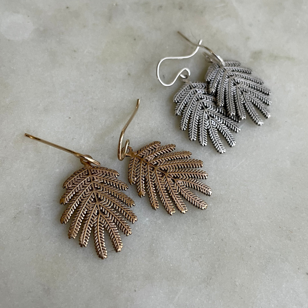 Handmade Bronze and Silver Small Mimosa Leaf Earrings on Gold-Filled and Silver Ear Wires