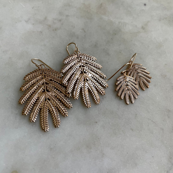 Handmade Bronze Large and Small Mimosa Leaf Earrings on Gold-Filled Ear Wires