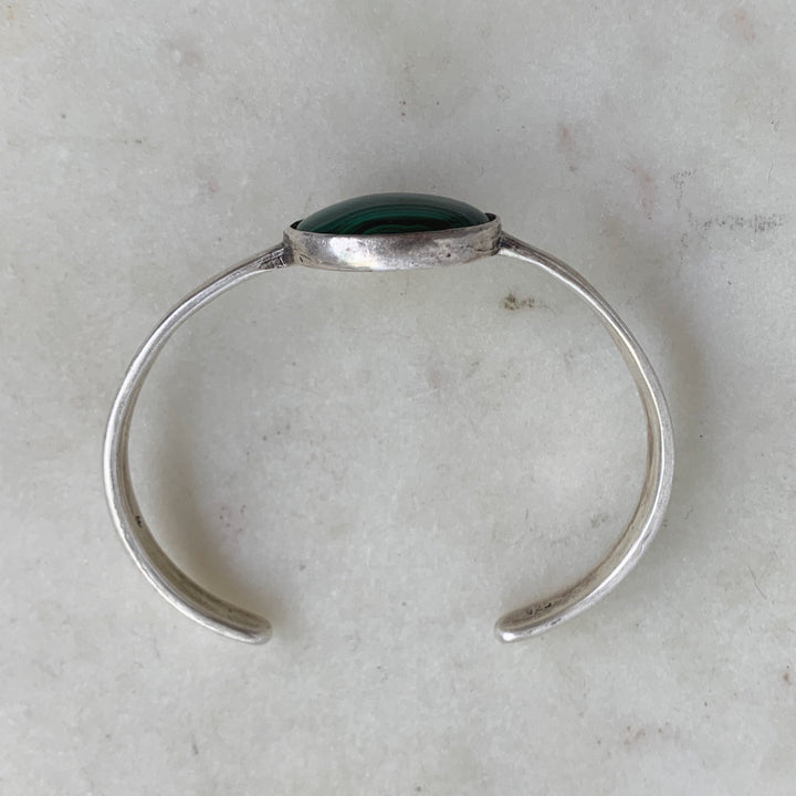 Side View of Sterling Silver Greta Cuff Bracelet with Green Malachite Stone
