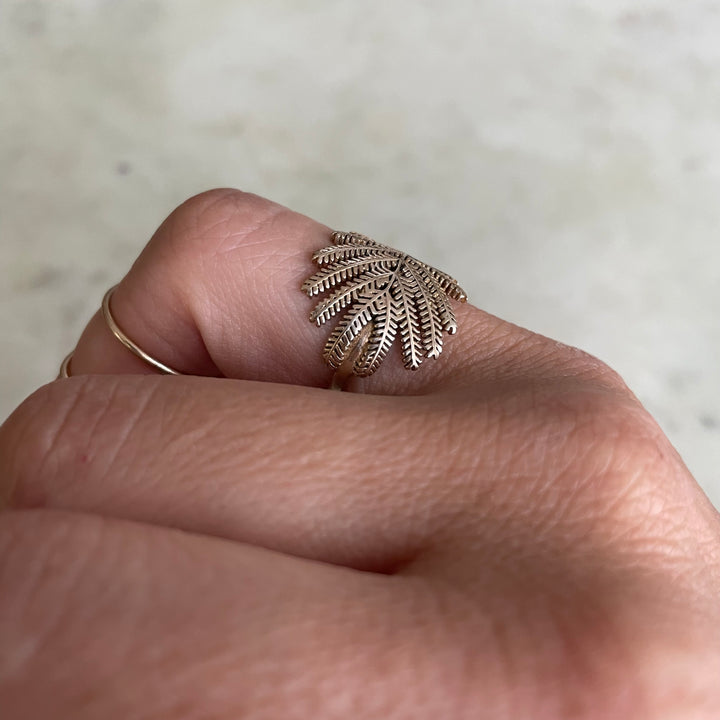 Woman Wearing Handmade Bronze Mimosa Leaf Ring