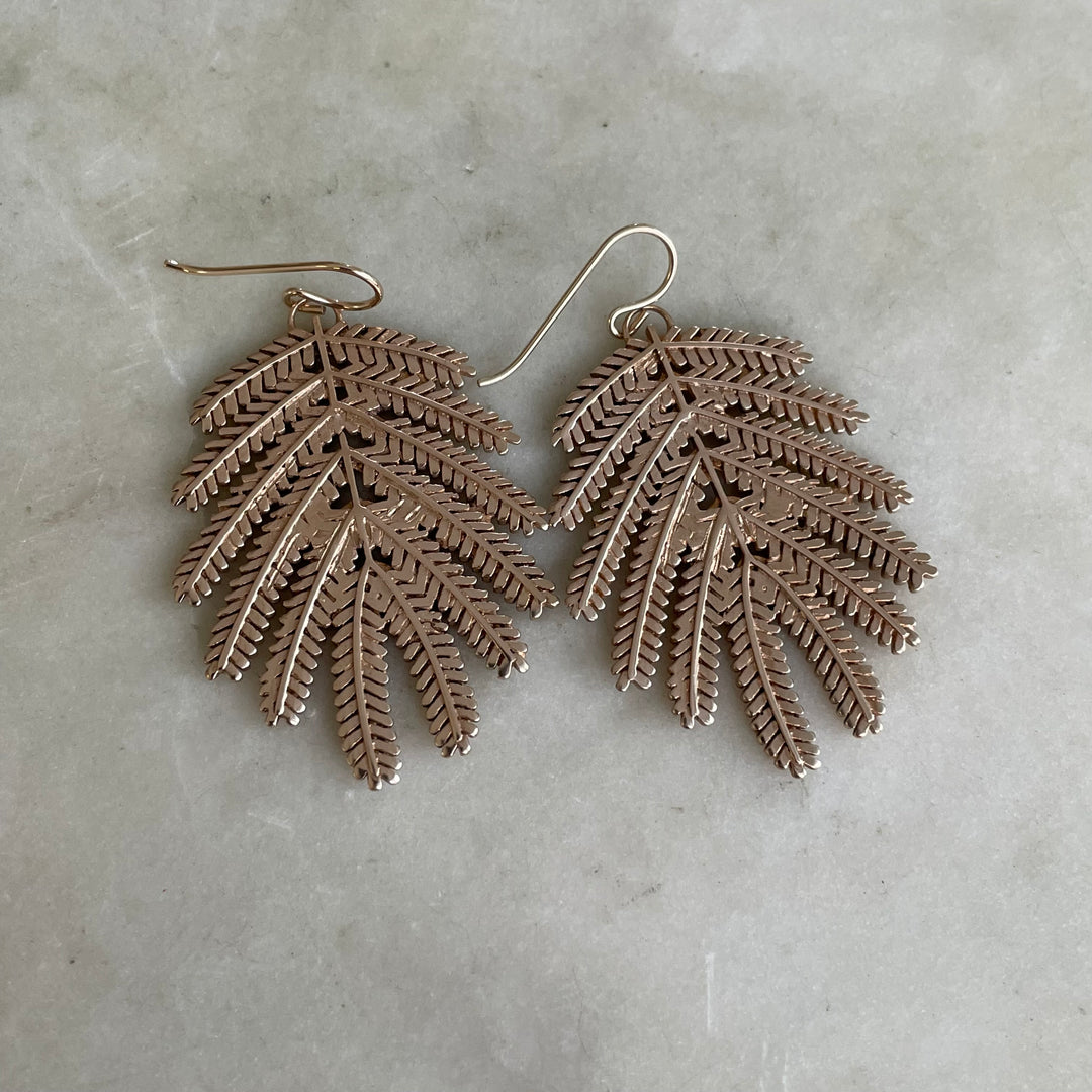 Handmade Bronze Large Mimosa Leaf Earrings on Gold-Filled Ear Wires