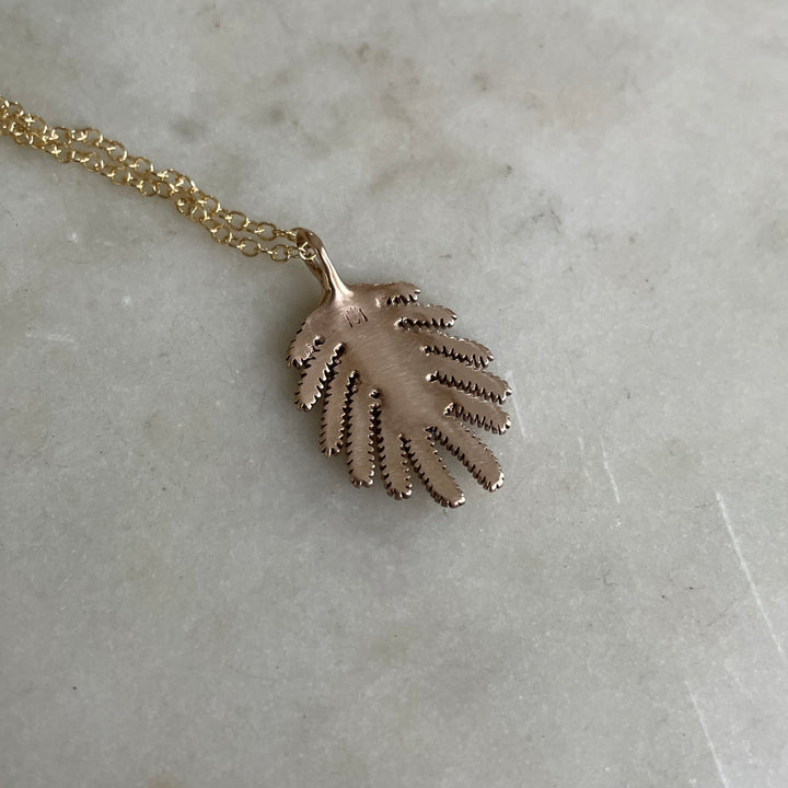 Back of Handmade Bronze Small Mimosa Leaf Pendant Necklace