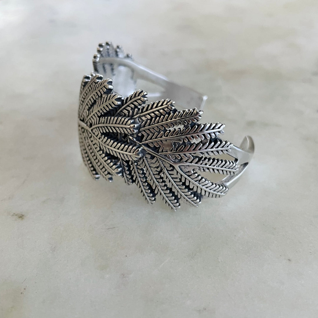 Handmade Silver Mimosa Leaf Cuff Bracelet