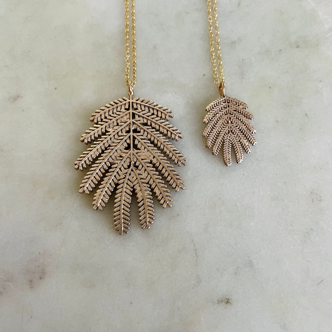 Handmade Bronze Large and Small Mimosa Leaf Pendant Necklaces