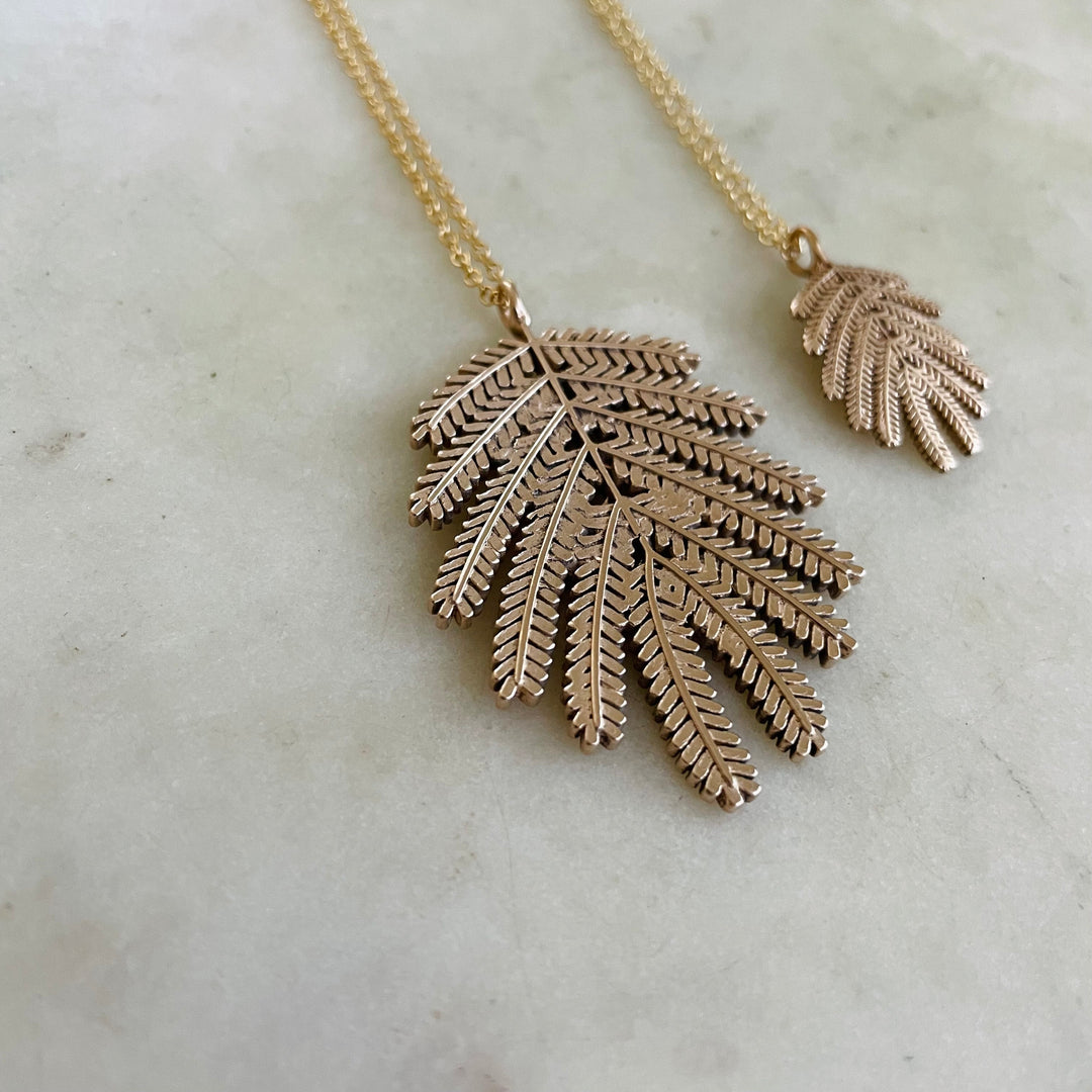 Handmade Bronze Large and Small Mimosa Leaf Pendant Necklaces
