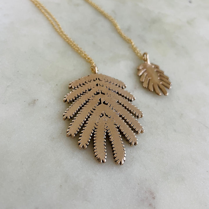 Back of Handmade Bronze Large and Small Mimosa Leaf Pendant Necklaces