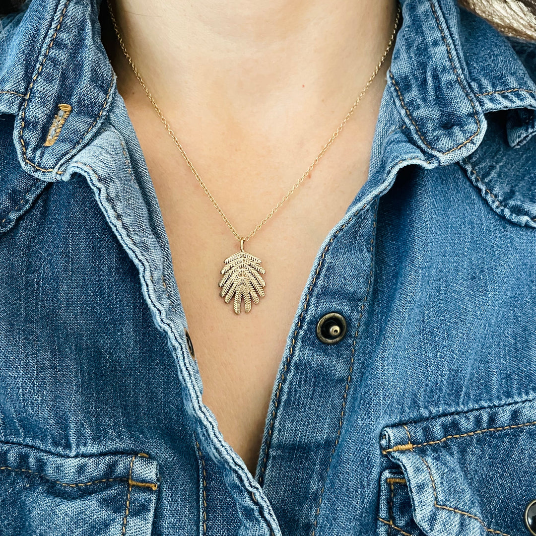 Woman Wearing Handmade Small Bronze Large and Small Mimosa Leaf Pendant Necklace