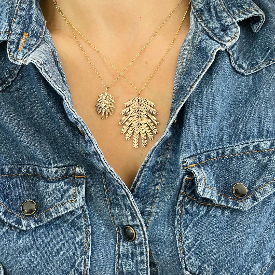 Woman Wearing Handmade Bronze Large and Small Mimosa Leaf Pendant Necklaces