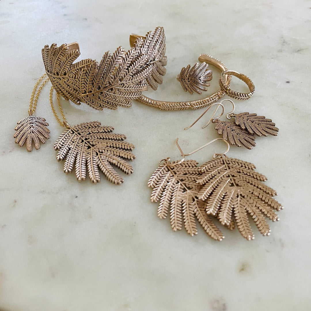 Handmade Bronze Mimosa Leaf Jewelry Collection