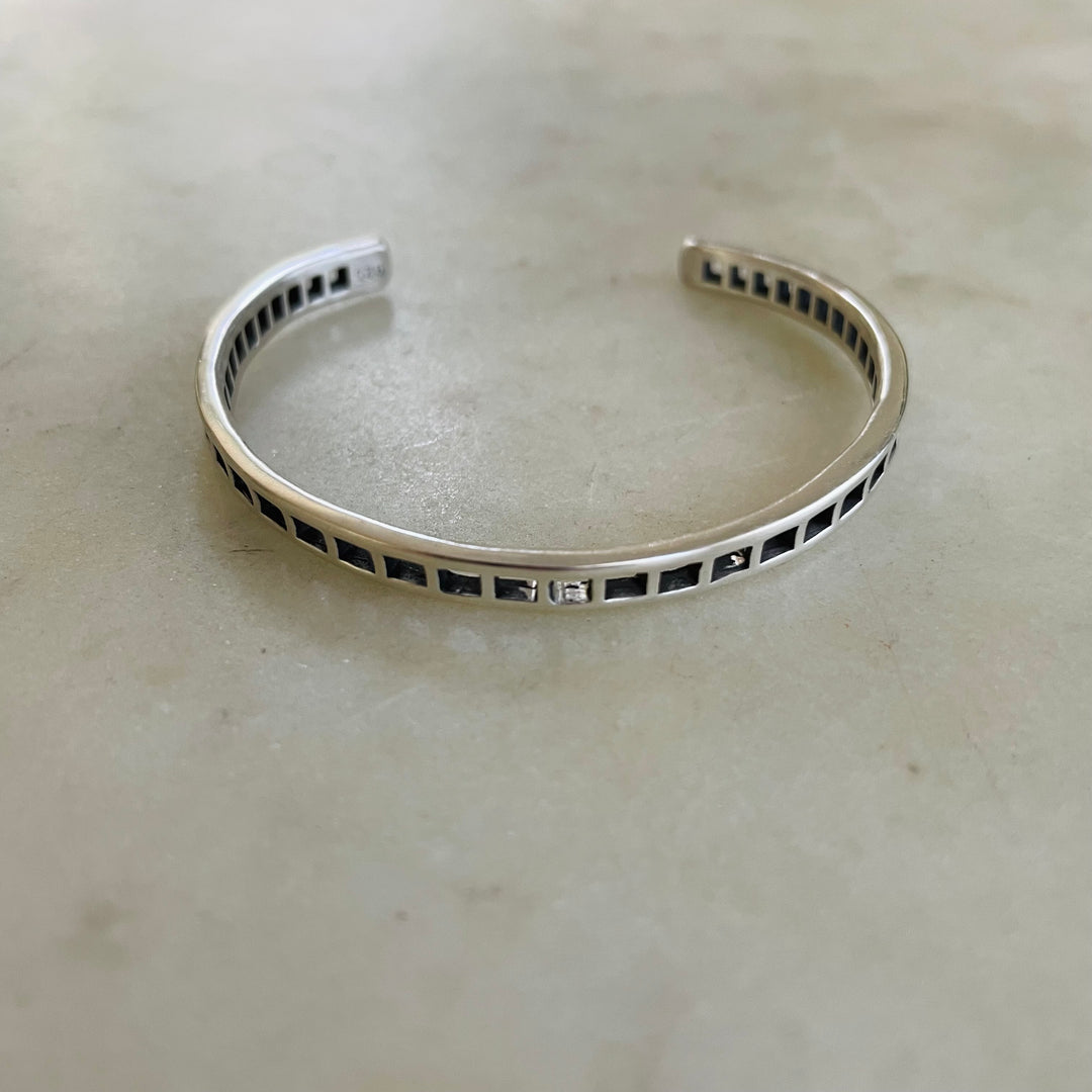 Handmade Silver Single Row Grid Cuff Bracelet