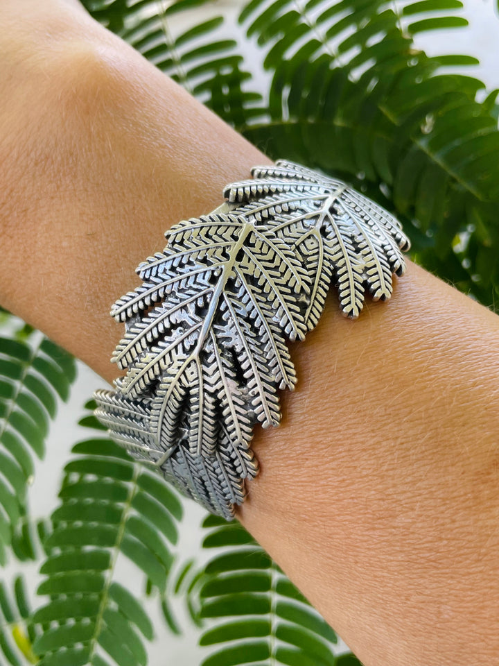 Woman Wearing Handmade Silver Mimosa Leaf Cuff Bracelet