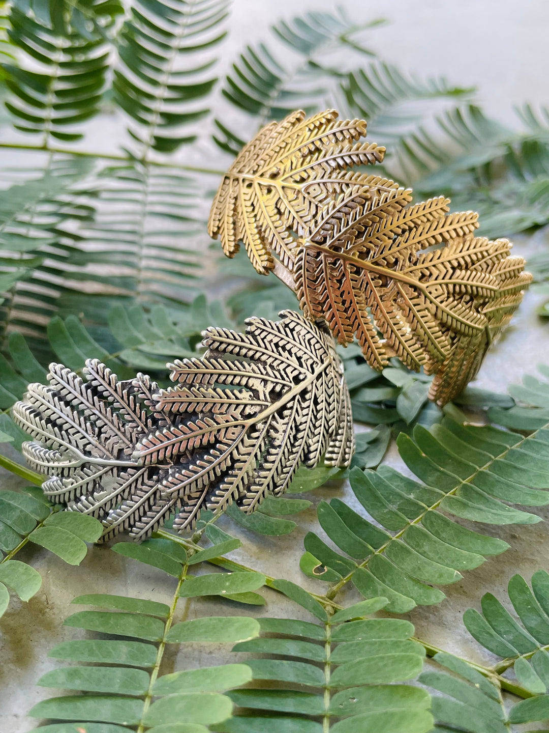 Handmade Bronze and Silver Mimosa Leaf Cuff Bracelets