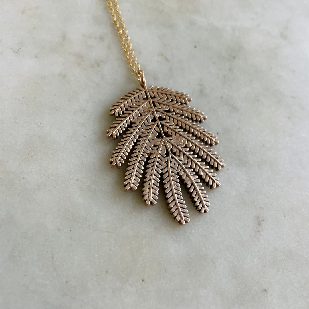 Handmade Bronze Large Mimosa Leaf Pendant Necklace