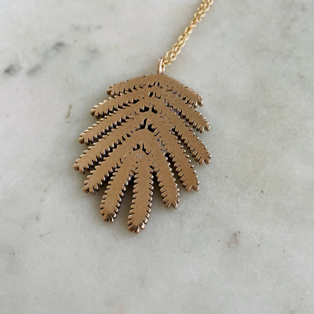 Back of Handmade Bronze Large Mimosa Leaf Pendant Necklace